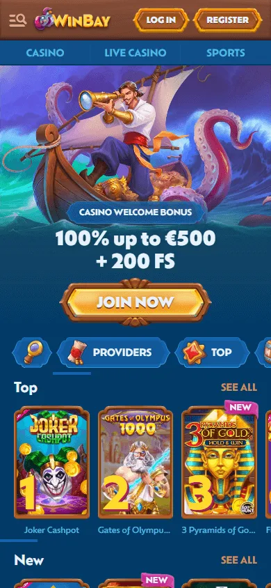Winbay Casino mobile browser home screen on a smartphone