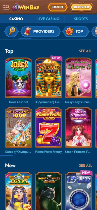 Winbay Casino mobile browser games area with casino titles and categories
