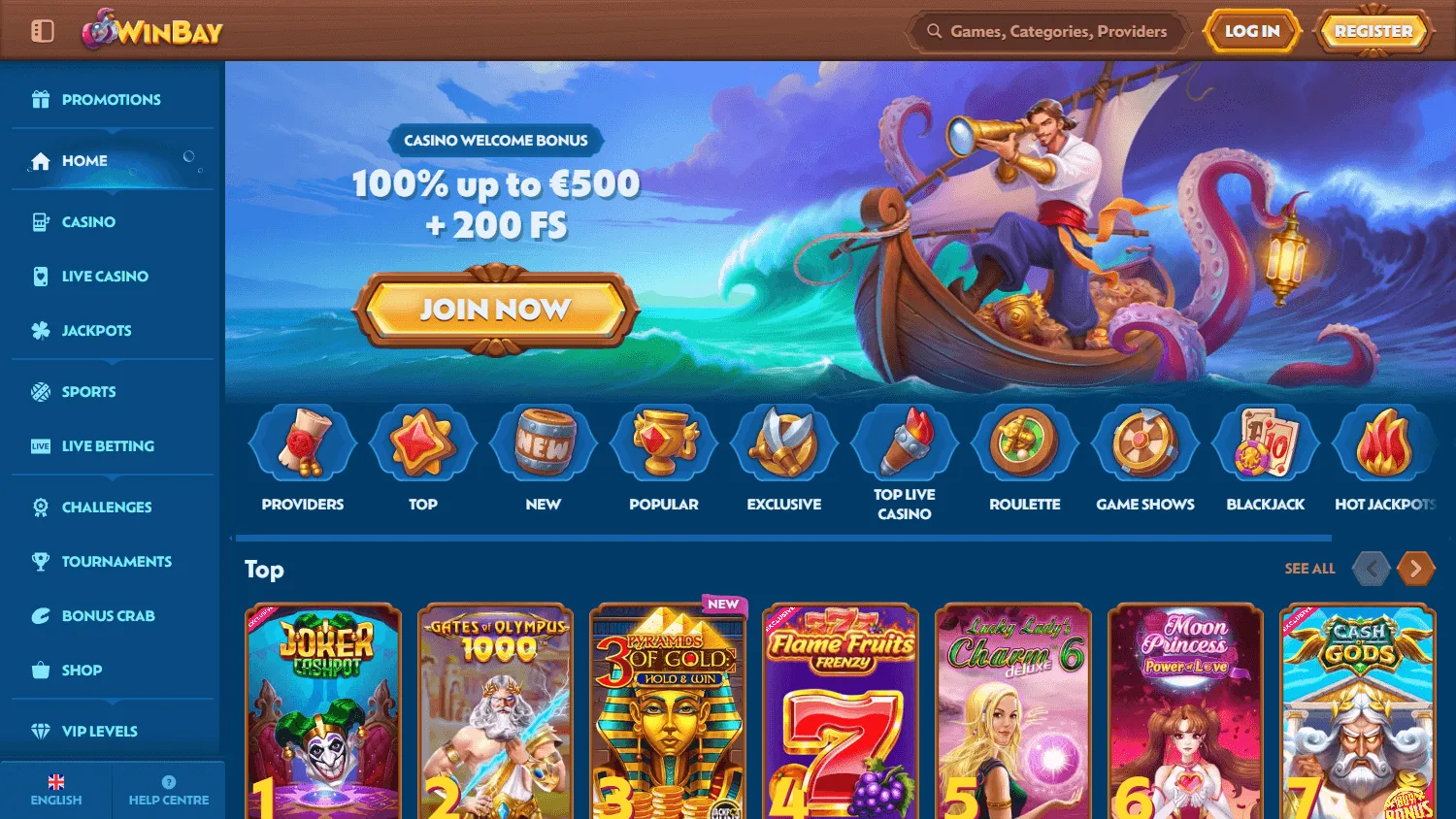 Winbay Casino Australian desktop home screen with casino offers and account navigation