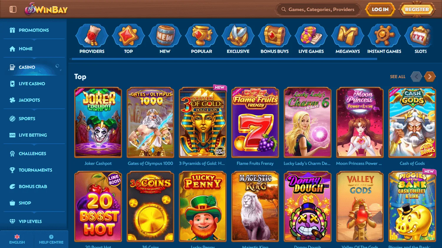 Winbay Casino desktop games area with casino categories and game selection
