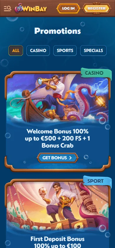 Winbay Casino mobile browser promotions area with Australian bonus offers