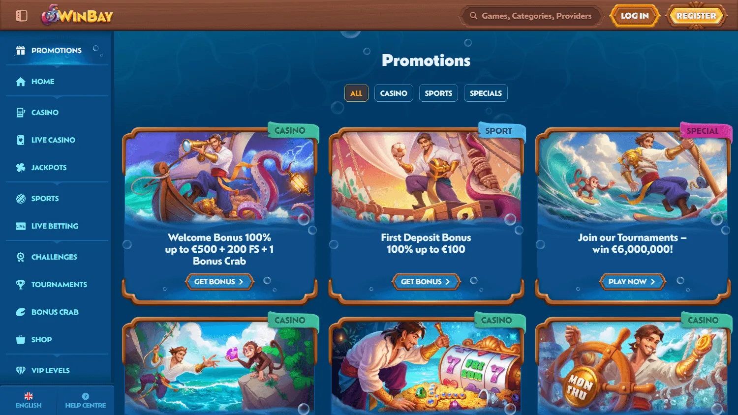 Winbay Casino desktop promotions area with welcome and ongoing offers